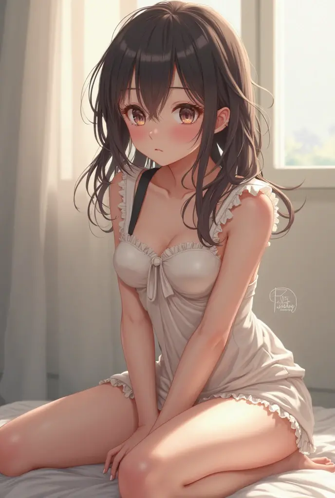 masterpiece, top quality, high resolution, solo, small, indoor, see-through, misaligned bra, side tie T-back, on all fours, from below, anger, bed, disheveled underwear, rough breath, sexual expression