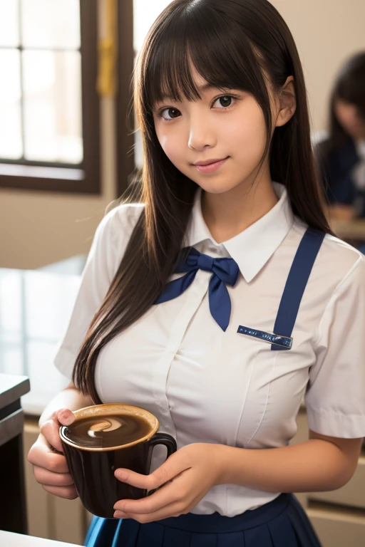 masterpiece,best quality,higher, Super sexy super cute Japanese girl、Hot, erotic and sexy lips、Big eyes、Drooping eyearilyn (;marilyn monroe face)、ASİAN,(brown race),dark skin,Dark brown, loosely wavy llong hair,1girl,NDGE、ponytail、Super big、sexual excitement、(((Japanese school girl uniform、High-end cafe、Afternoon tea)))、(((Super big)))Cute smile