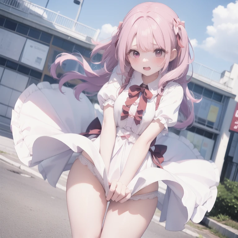1girl, masterpiece, best quality, absurdres,  long hair,(shiny skin:1.1), (show off underwear:1.3), from below, close up nether region , white underwear, skirt,Stylish panties、Stylish uniforms,Twin tails、Curly hair,Ultra low angle,Backlight,Shiny Hair,Stylish accessories,
