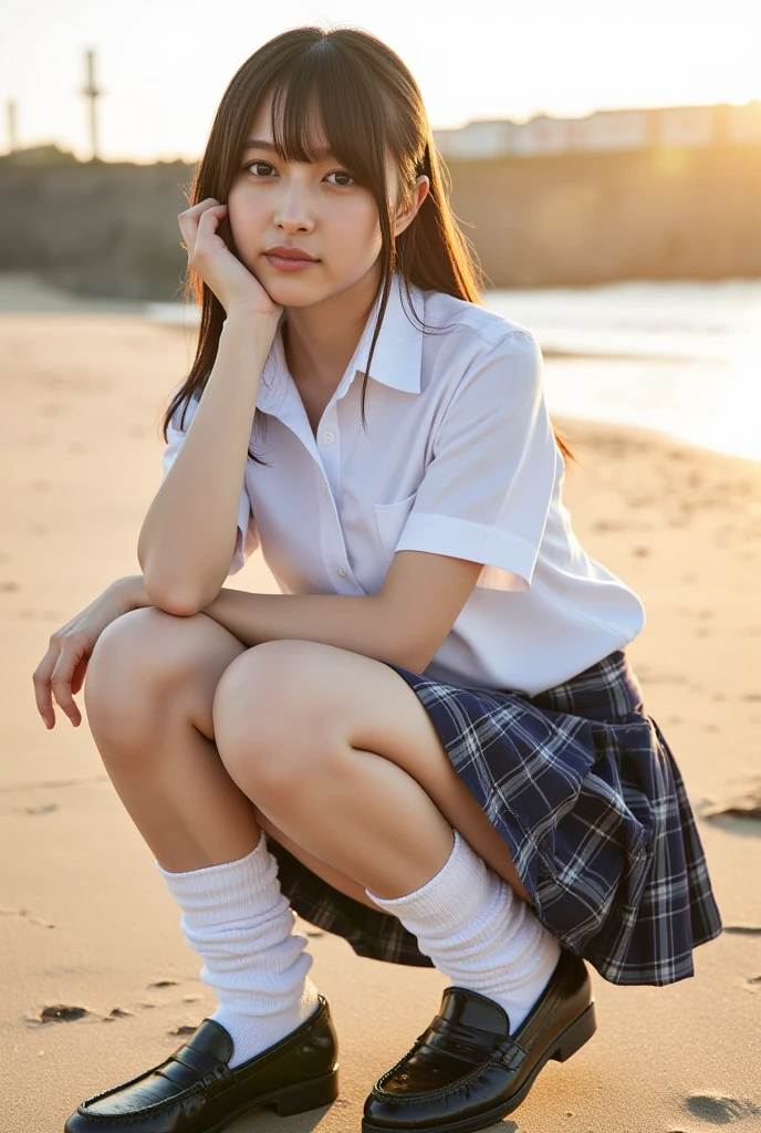 Masterpiece, bokeh, (Beautiful face), (Detailed face), (Japanese idle), (School uniform:1.3), (Blushed face:1.3), (Plump breast:1.2), (Squatting :1.5), (Cat ears:1.3), poolside, (From below:1.5)