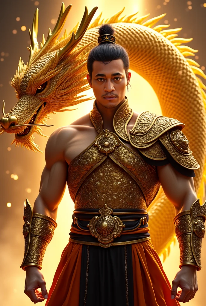 Portrait, extremely detailed close-up of the face, modeled after the legends of ancient Asian gods, taken from the waist up. The face of the god is a combination of modern beauty, combining the most prominent features of Thai, Korean, Hong Kong, Chinese movie stars. An extremely handsome face with strong features, sharp eyes, shining with supernatural power, seeing through the human heart, attracting viewers, somewhat cold eyes, powerful inner expression. Long, flowing black hair with interwoven sparkling dragon scales. Majestic dragon horns protrude from the forehead, curved and shiny. Muscles rippling with supernatural power, skin textured like delicate dragon scales. Wearing an exquisite gold necklace decorated with gemstones that glow with an inner light. In his hand, the male god holds an ancient, unusual weapon - perhaps a trident or a sword - radiating mystical, mythical energy. The god stands tall and majestic, a colossal figure of divine presence and supreme power in Asia. His posture exudes power and confidence, dominating the frame, dominating the dark, chaotic world. Behind the god, a stormy seascape with huge waves crashing violently, the sky is dark and ominous, filled with swirling storm clouds and thunder. The entire scene conveys a sense of his epic scale and divine power. Rendered in a surreal digital art style with dramatic lighting to enhance the fierce atmosphere and highlight his divine appearance. The image emphasizes the contrast between the calm, powerful demeanor of the god and the chaos of the elements around him that have been conquered and subdued. Photo taken with Canon EOS R5 85mm f/11 Camera, ((sharp)) mode of people and surrounding scenery. Image quality ((8K)), ((lifelike)), ((masterpiece)), ((sharp and highest contrast)), ((great depth of field)), ((light stereolithography)).