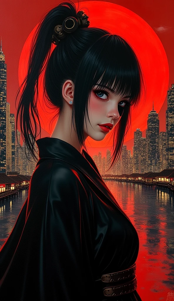 Best quality, 8k, masterpiece: 1,2), Acrylic painting in impressionist art style of an amazing Yakuza girl with eye patch, Chuunibyou (Red Warrior) - Print Tableau Rigide Pista Cyberpunk - Magic in the old Japanese city with a truly artistic background in black tones and a red canvas featuring an enormous old Japanese city with finely accentuated golden lines that make it stand out in the night city, high resolution, 8k ((red vector sky)), artistic masterpiece, extremely dark night scene, a faint red light emanates from the old Japanese city in the background, realistic and very detailed