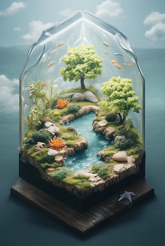 A dreamscape contained within a jar captivates with its surreal water art. The fantasy desert crystal island, shimmering with coral and palm trees, comes to life through Photoshop manipulation. Water flows abundantly inside the terrarium, creating a captivating spectacle. The 3D illustration, characterized by a grainy aesthetic, invites viewers to explore this enchanting realm. The absence of human presence allows the tree, palm tree, fish, and other elements to take center stage. Against a backdrop of clouds, sky, and ocean, the glass jar encapsulates a surreal universe where even starfish and seashells find their place.