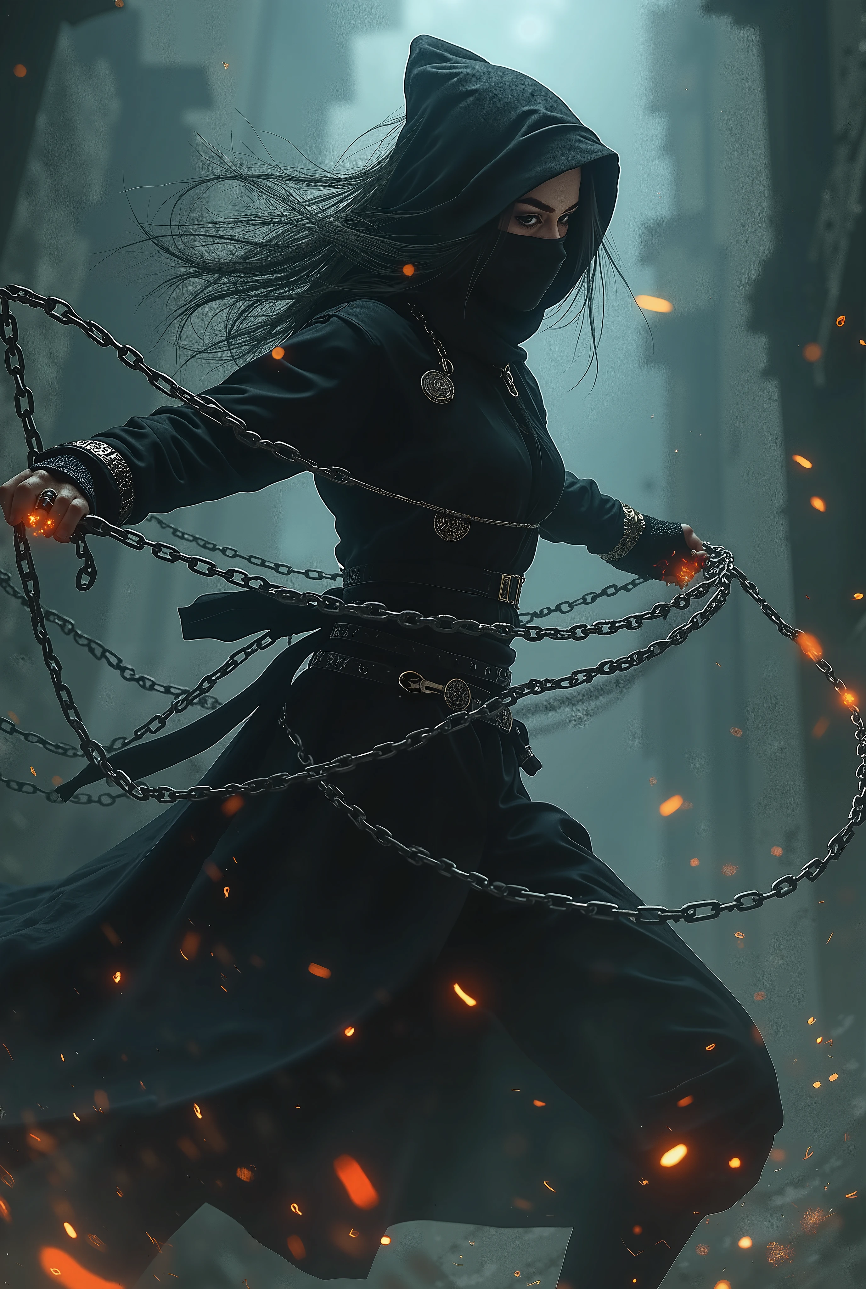 a female ninja in a dark atmosphere, chains flying out from all directions, chains as main weapon, randomized chain movements, chains flying towards the viewer, strong depth of field