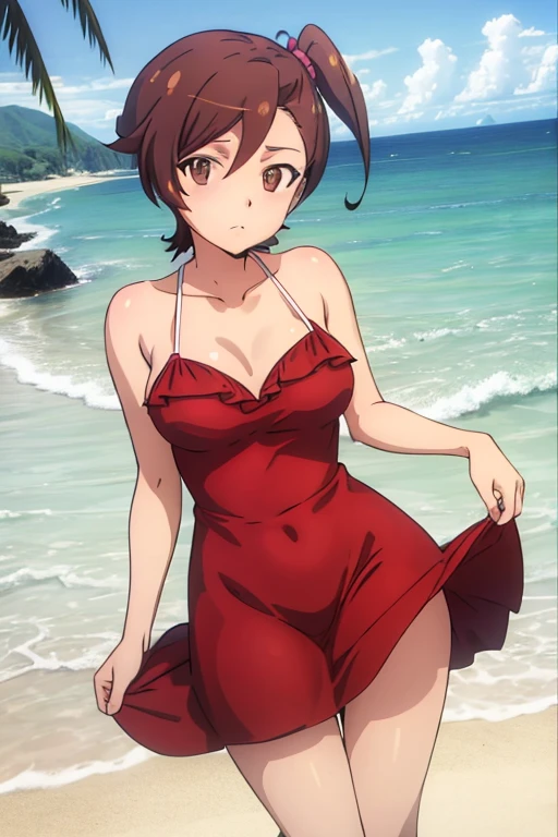 masterpiece, best quality, beautiful art, high resolution, well formed hands, body and fingers, 1 woman, solo, Karin Maaka, hair ribbon , adult, grown up, big breasted, cleavage, full body, long  hair, hair ornament, gorgeous legs and thighs, smile, wearing a Tyris Flare outfit, sexy and skimpy bikini, she is fighting in a combat match at a martial arts tournament, she is getting ready to fight, making her guard pose, action and fighting scene, about to hit the viewer, looking at the viewer, sweating , feeling confident and proud, smiling joyfully and happily, charming her opponent with her beauty, fighting scene, martial arts tournament on the beach 