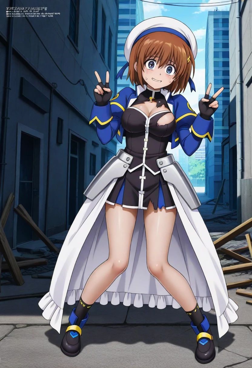 nanohatakamachi, Nanoha Takamachi, takamachi nanoha, Brown Hair, Twin tails, blue eyes,
prison, concrete wall, concrete floor, bare shoulders, femdom, dominatrix, black bustier, black stockings, black g-string, black high heels, black garter belt, black elbow gloves, looking at viewer, ((evil grin)), boy lying on floor, female standing, (((((from below))))), ((((looking down)))),