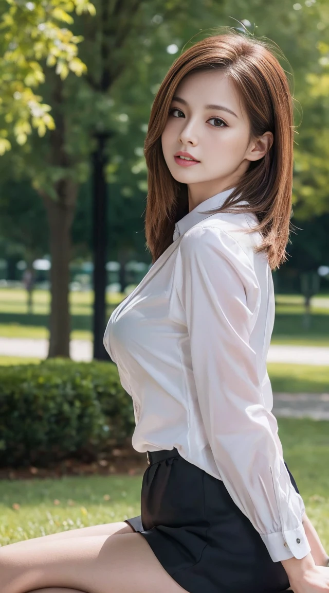 a 20 year old face of the most beautiful actress in the world, the perfect body proportions of a female, the perfect shaped of female breasts, tight blazer is worn with formal shirt on female upper body, shirt skirt is worn with panties on female lower body, panties between bare legs under short skirt are seen just a little, female short hair cut is just like male one, standing, at the city street, nsfw, best quality, highly detailed, masterpiece, ultra high res, photo realistic, 8k