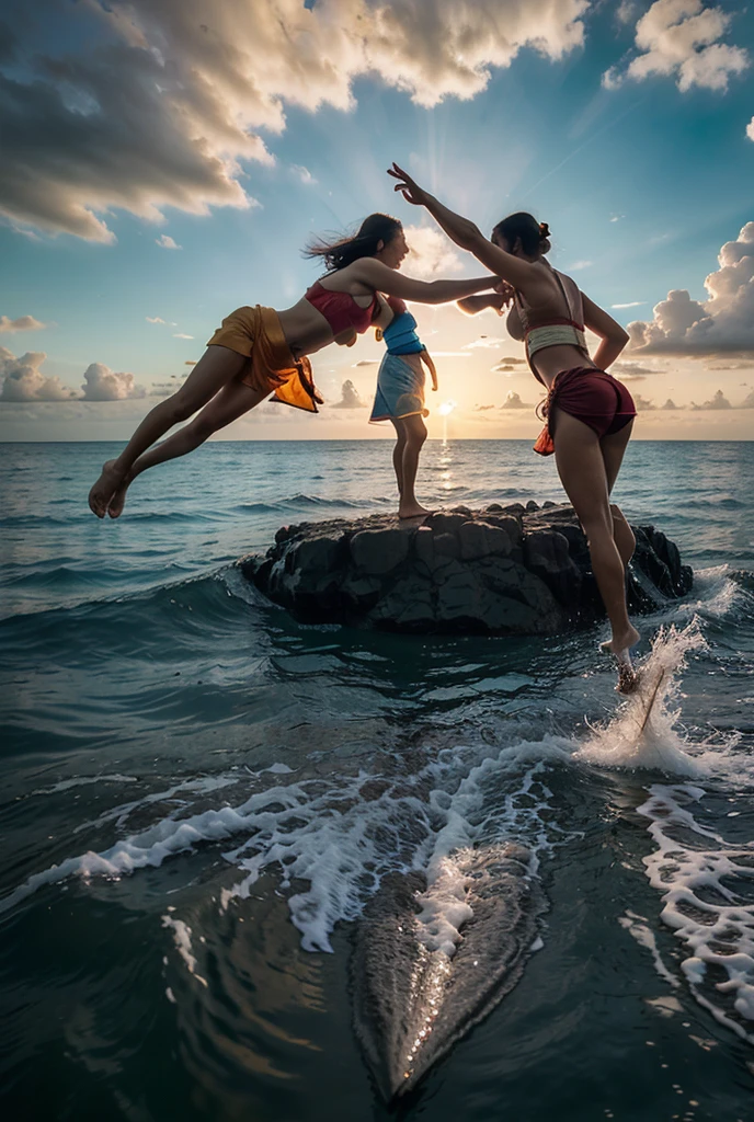 (White and vivid colors, Acutance, exposed:1.28),(nipple:-1), (Upward composition, Thongs), surfer girls (Flying, Jumping High:1.5), ((face variations)), { Navel | pretty Ass | Delicate lace knitted wear | (morning glowing) }, { Glistening tanline | oiled ivory skin | Childish | Overflowing | Biomechanical HUGE and HEAVY boob }, (portrayed in the best quality and high resolution, ultra-detailed, realistic and (photorealistic:1.37) with a touch of rawness). { Volumetric ((back lighting)) | concept art | enhancing the overall visual impact }. { Whole Body proportions and all limbs are anatomically accurate | ((Gigantic Overflowing sideboob:1.25)) | (:d) | (Different types of hair colors) } .