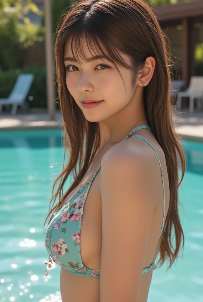 Best Quality, 超A high resolution, (Photorealistic:1.4), Raw photo, (full body seen、tits out、model poses), (Bokeh:1.5), ((Being in the pool)), (in a suite:1.6)1日本人の女の子, Beautiful, (Solo:1.6), (Shy smile), (Brown eyes), Smooth skin, (Brown ponytail,Bangs),(Colossal tits),Delicacy, (touch hair:1.4),(The bikini、NSFW、Wet、),