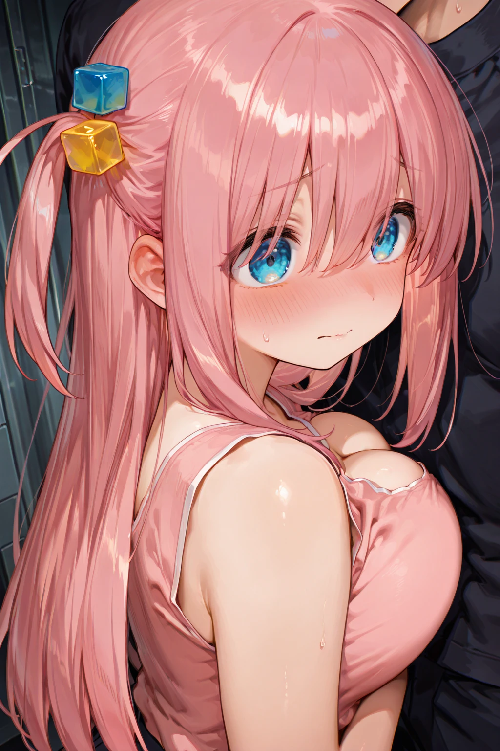 (((NSFW)))，masterpiece,Best Quality,anime,CowgirlSex,Cowgirl_Sex,1 Girl,blush,Gaze、Looking up、looking at the camera、Subjective、sexual behavior、View from below、Sex、Arms above head、Hands above head、Hanging both arms from above with chains、Hanging hands from above with chains、Tearaid clothes
