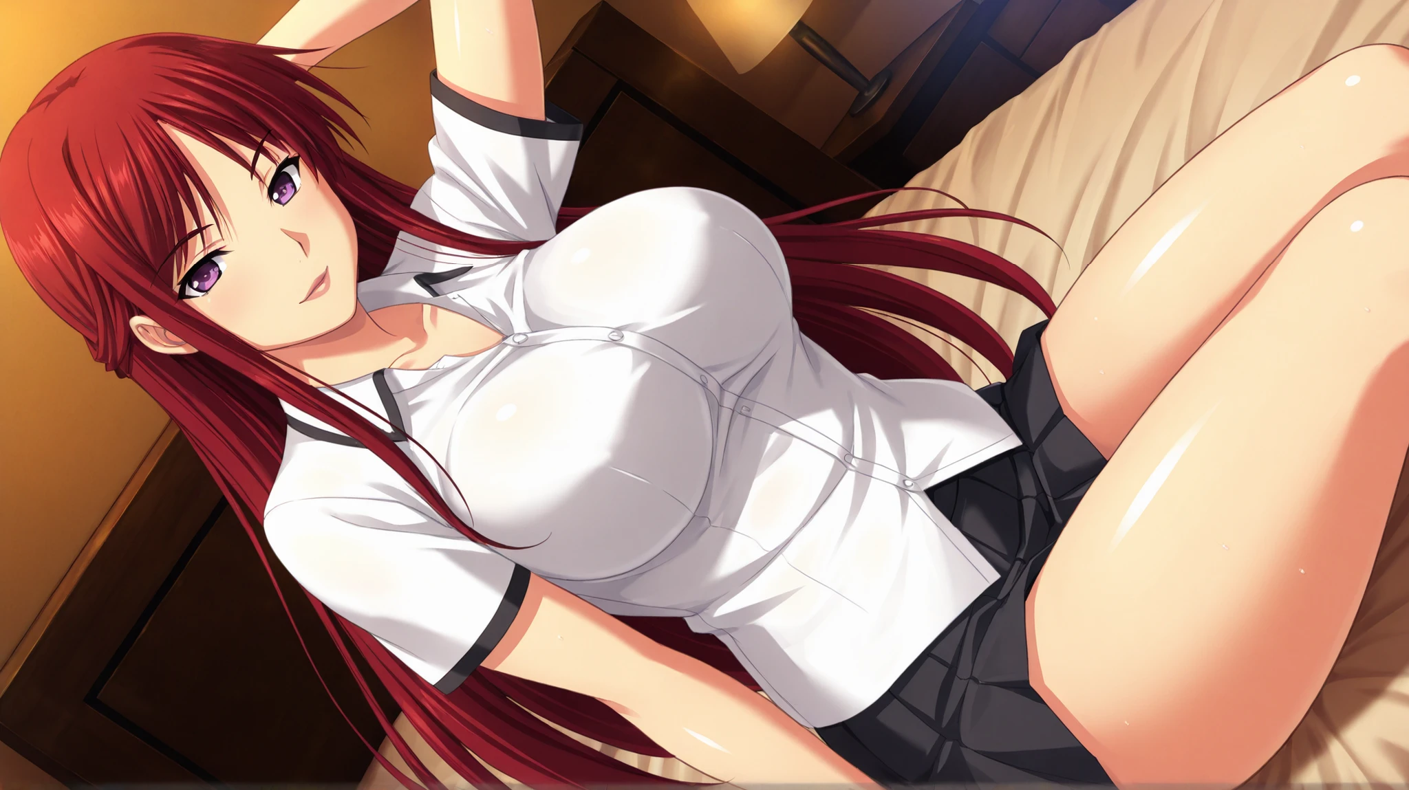 Emi Yusa, masterpiece, best quality, best lighting, (1girl) solo, in bedroom, (thin waist, small breasts, tight butt) ((nude)) red hair, lewd, embarrassed, black thigh highs, bent over, view from behind, wide stance, cowboy shot