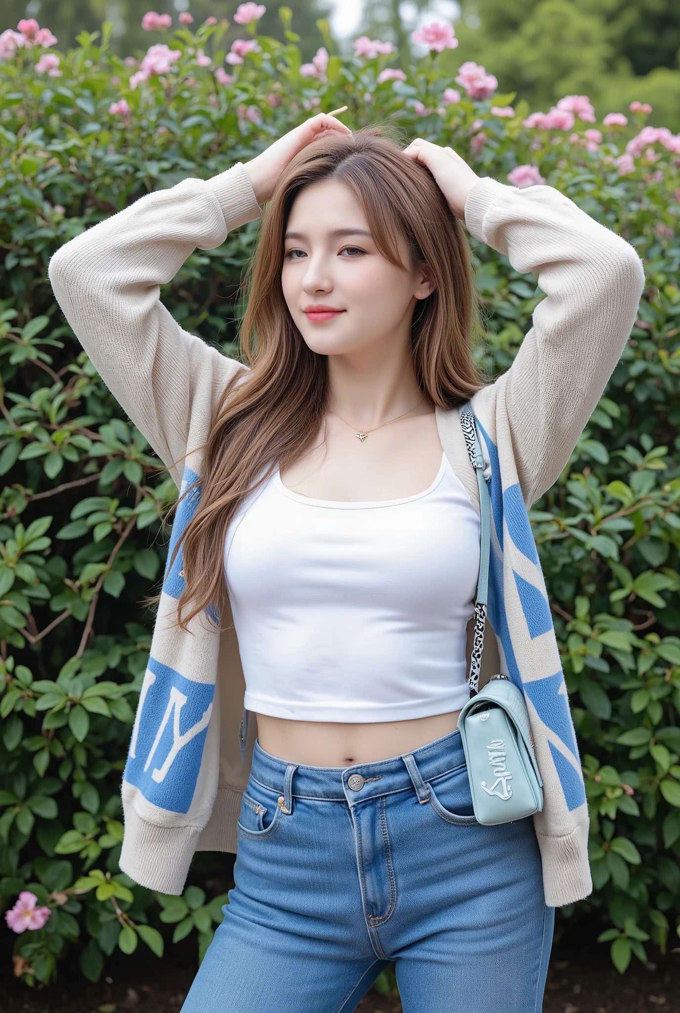 (((Masterpiece, ultra detailed, ultra quality, 8K, Photo-realistic))), A stylish young woman poses confidently outdoors in a park. She has long, wavy light brown hair with soft bangs, ((wearing a white crop tank top that shows off her slim waist)). Over it, she wears an oversized cardigan with a blue and beige “NY” pattern, which is open to reveal the lining underneath. (She is wearing low-rise blue jeans with the buttons unbuttoned, accentuating the hourglass shape of her figure). She has a light blue “NY” patterned handbag slung over her shoulder and a zebra-print hair tie attached to her cardigan. She is also wearing a delicate gold necklace, and is standing in front of a bush with blooming pink flowers. Her arms are raised above her head, creating a casual yet fashionable pose. The atmosphere is soft and natural, with greenery and light floral accents in the background.. Sexy woman, hot woman, (Big breasts), big hips: 1.3, flat stomach, ((navel)), perfect face, v shape face, (thin cheeks), pink lips, ((fuller body)), (lying silk worm), slightly curvy body, ((smiling expression while closing eyes)).