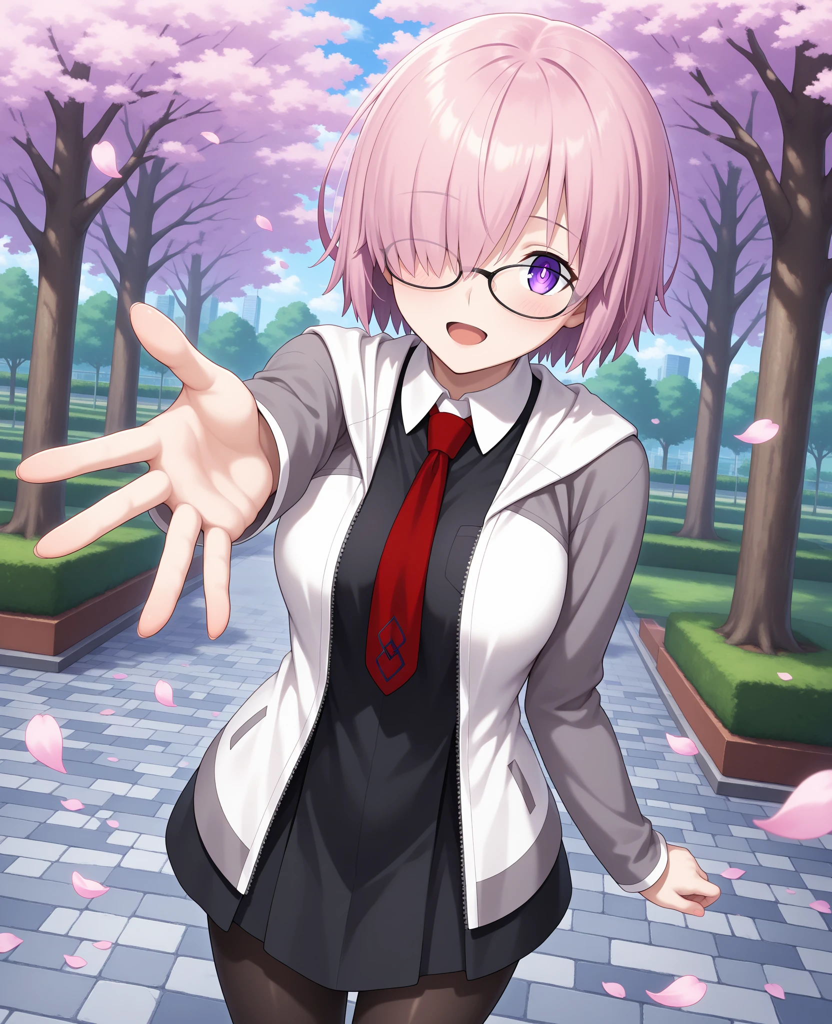best quality, masterpiece, 1girl, aamash, short hair, pink hair, hair over one eye, glasses, purple eyes, red necktie, collared dress, black dress, jacket, open jacket, long sleeves, black pantyhose, <lora:mash_kyrielight_ilxl_v1:0.9>, standing, cowboy shot, park, smile, open mouth, reaching, petals,