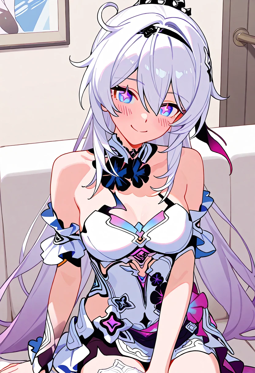 Illustration, 1girl, illyasviel von einzbern, unicorn (azur lane), {{{fusion}}}, {{{agglutination}}}, combination, (((mature female))), (((purpler hair))), (((purpler eyes))), (((standing))), (((hands on hips))), (((big breasts))), (((narrow shoulders))), (((narrow waist))), (((smile))), long hair, huge ass, hotel room, masterpiece, best qualityst, ((masterpiece)), ((best qualityst)), ((ultra detrailed)), upper body, {{{agglutination}}}, pose With hands on hips, (((look at the person's face))), (((face-to-face look))),