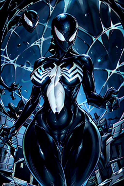 4K，realisticlying，Glamorous，The is very detailed，There is a girl in Dingcheng，Wearing a black Spider-Man costume，（Black and white：1.4） the night,symbiote，venomize，a large amount of mucus,she is a spiderman，Black superhero theme，In front of the sky，Flushed complexion，( Open legs， camel-toe，， Vulvar shape：1.3）,(GGCameltoe:1.3)Legs apart，25 age old，full bodyesbian