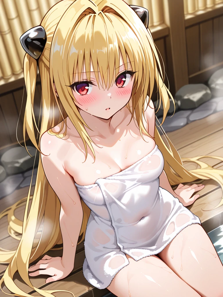 masterpiece、highest quality、High resolution、Very detailed、Girl、mint, blue eyes, Blonde、long hair、((Big Breasts))、Completely naked、Full naked、Nipples、Large areola、((Golden pubic hair))、shower room、I take a shower、Watching the audience、Big hips、Put your hands behind your head、Wet body、steam、Water Drop、Sweat、smile、Sauna room、Sitting、With legs apart、Female organ、Vagina、Viewed from the front、