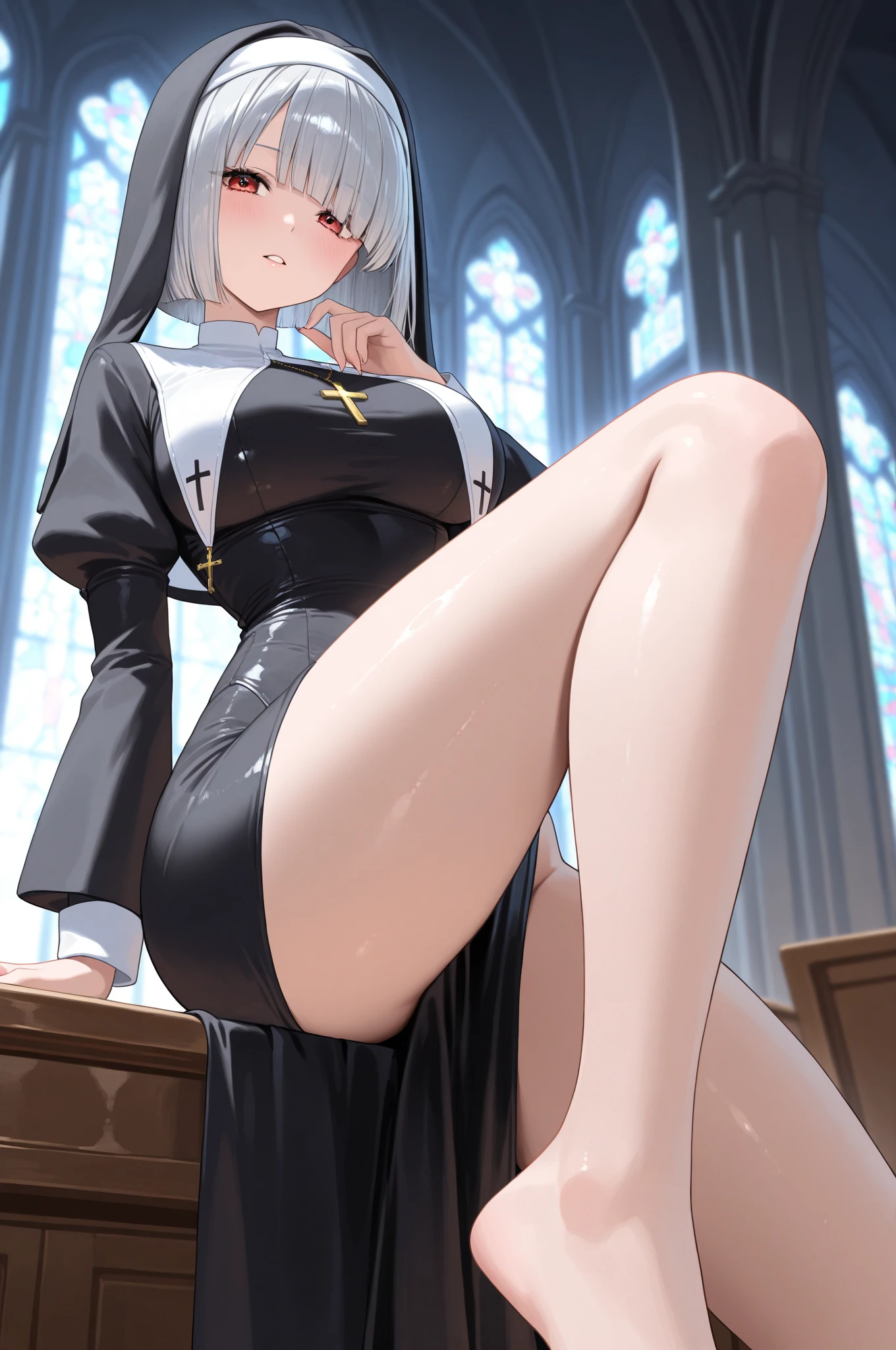 (masterpiece: 1.3), (maximum resolution: 1.2), (ultra high definition tv: 1.2), cinema light, 8K resolution, detailed facial features, focus on the face,perfect style, cute face, Accurate, anatomically correct, fine eyes,beautiful目、 shiny skin, Fair skin, Glossy skin、glossy lips、 (embarrassed look: 1.2),woman 、25 years old, exposed cleavage、, beautiful, (skirt lift:1.4), loose and wrinkled white panties, stockings, blush、humiliation、impatience、tears、embarrassing、surprised expression、expression of anger、disgusting face、 (nun uniform 1.1)、full of sweat、blonde、silver hair、blue eyes、green ash eye、soaking wet、sperm、乳房のsperm、太ももにsperm、溢れるsperm、exposed panties、disheveled clothes、shortcut、church、Stained glass、Sit on the floor、open your legs、open your legs、open your kneeasturbation behavior、insert、milking、