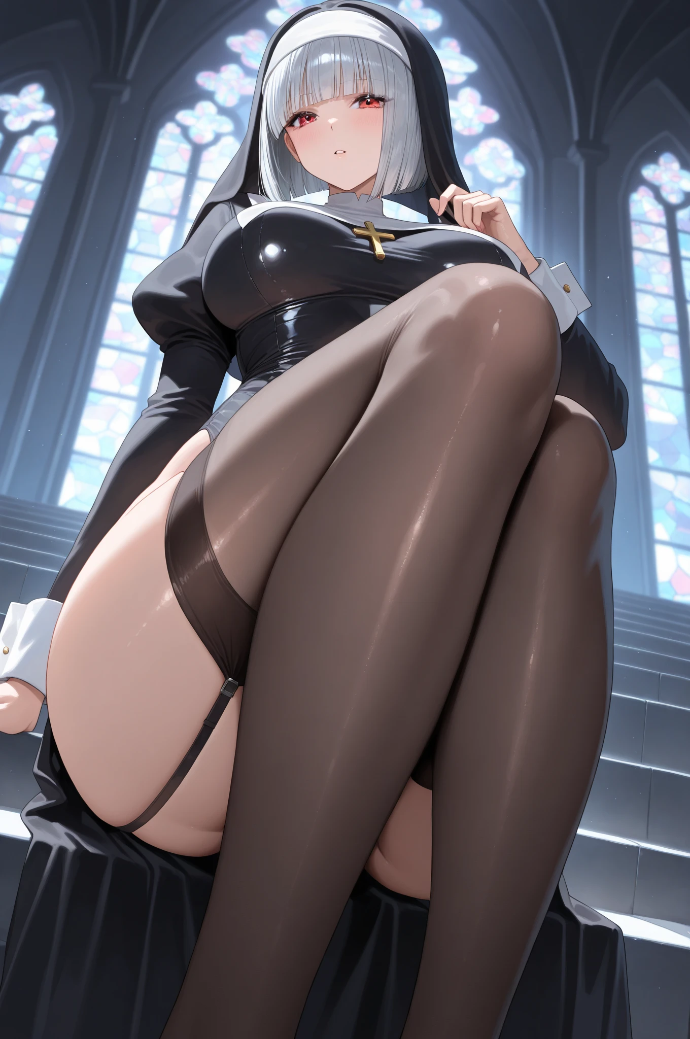 Girl, smile, red lips, big nose, big , big breats, fair skin, smile, long hair, yellow hair colors, sexy body, sexy girl, sexy pose, beautiful girl, big ass, maid costume, pantyhose, white pantyhose colors, hig heels, black hig heels coolors, realistic girl pose, in room, sexy girl pose sit on the chair, gaze looking at the camera,
