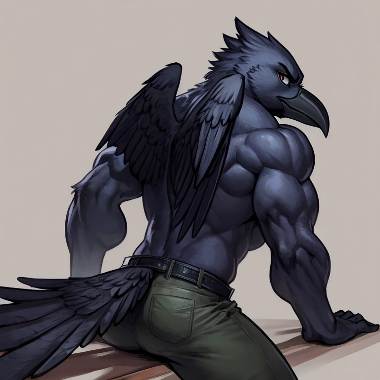 frontview of a male anthro corvid, crow, looking at viewer, walking towards viewer, walking, avian feet, talons, big talons,