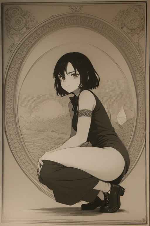SFW, 1Girl, Adult, (slim Omani:1.2) woman, natural small breasts, long black spiky hairstyle, wearing very small thong, one finger in her butt beryl jewelry, glowing iris, white eyes, pensive expression, empyreal otherworldly blizzard ambience with wooden bridge background, bizarre spiritual desert ambience with shipyard background, flat colors, cel shading, hard shadows, outlines, vector art, rear view