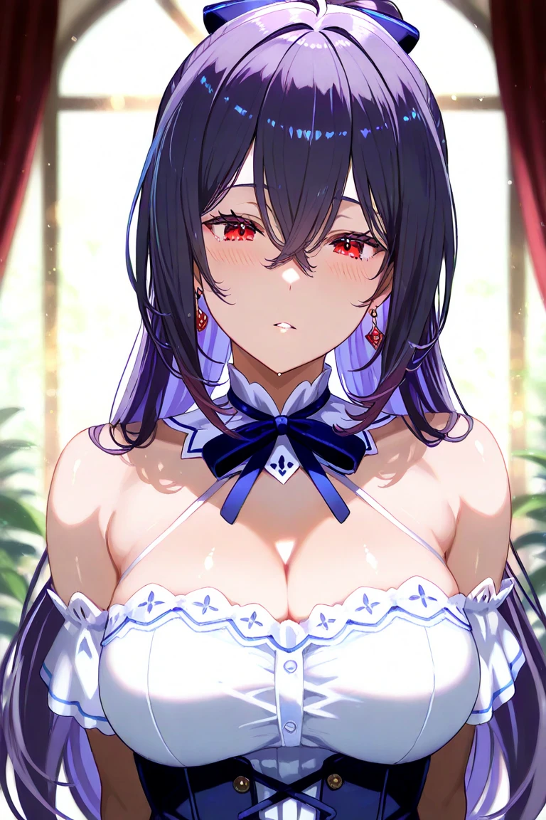 masterpiece, high quality, 4K, Beautiful design, Shiny, Award-winning photo, Very detailed, wonderful, The finer details, Absurd, Very detailed woman, Very detailed ,  Black Dress、Red eye contact lenses、Breast size D、I can see the chest、（One Girl) ,(((Dark skin)))、 Dynamic Angle , Official Art , Are standing , Bottom View, short hair