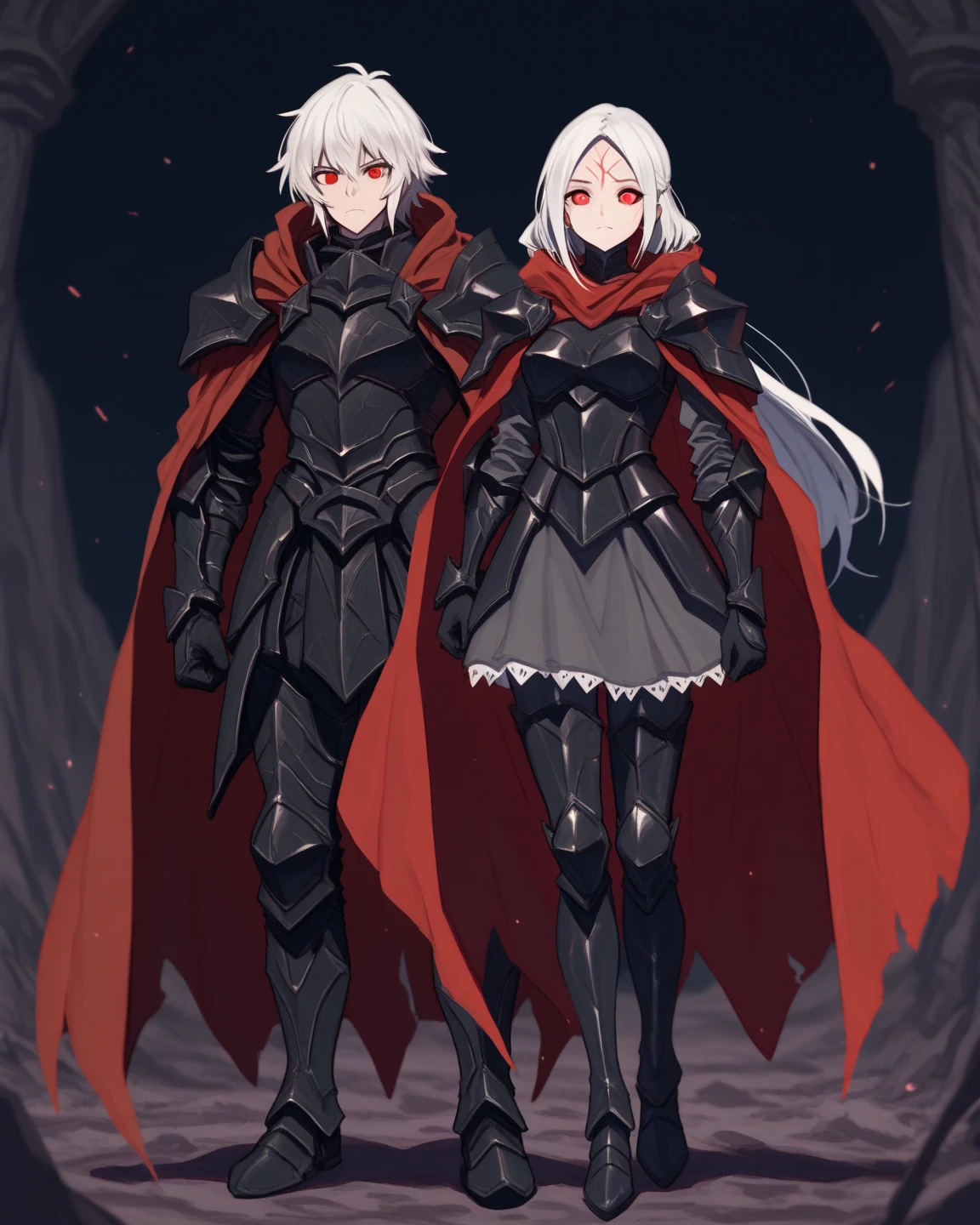 a knight in dark damaged armor with a torn red cape with a horned helmet