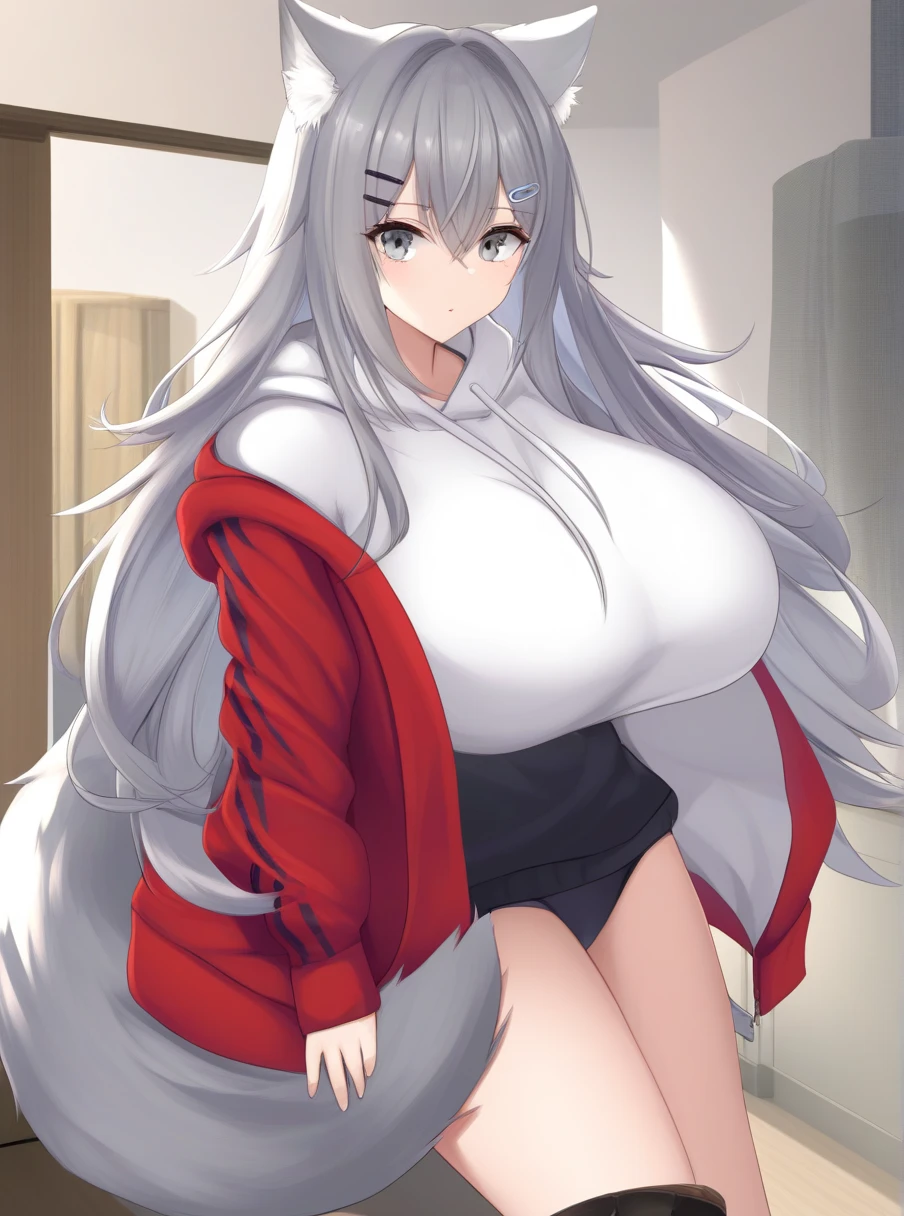 ((A Pretty nude shrine maiden with fox ears kneeling on the floor)), ((lifting up the red skirt and showing raw crotch)), wearing the white kimono, no panties, skirt lift, Baby face, ((top-quality, master piece, ultra-definition, high resolution)), anime girl, ((ultra-detailed illust:1.2)), 1 girl, bangs, hair between eye, white hair, beautiful hair, purple colored eyes, Shiny eyes, ((detailed eyes:1.2)), ((super gigantic breasts:1.3)), huge tits, Soft breasts, ((erected nipples)), ((cleavage of the pussy)), Big smile, enjoyed, laughing, opened mouth, in the traditional Japanese style room, at dusk, ((view from below))