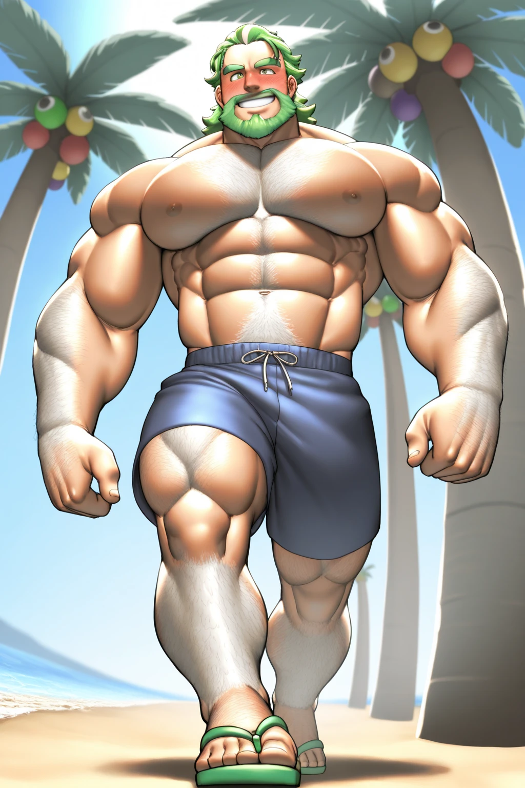 There is only one handsome Chinese man in the photo,35 years old,tall, Fitness,Smooth body,Smooth skin,No chest hair,short hair, O-Shaped Beard,Perfect body, Dark skin color,Radiant Skin,Smooth skin,Shiny, shiny skin,Smooth pectoral muscles,Muscle bulge, muscular, Very large pectoral muscles,Very sexy 8 pack abs,Very well-developed leg muscles,Huge concave and convex area,Brightens oily skin,Wear a fluorescent rainbow leather thong,Handsome face,Normal human toes,Correct and accurate male body proportions,Gold bracelet,Gold anklets,Standing in front of the Monstera forest。