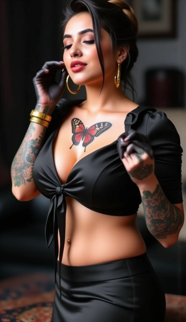 photo of a beautiful woman (Brie Larson:Amber Heard:0.25), sexy, large breasts, punk black hair, close-up, lingerie, hips, sensual, (high detail skin), tattoos, detailed face, lips, choker, jewelry, [(colorful explosion psychedelic paint colors:1.21)::0.2], bedroom, masterpiece, best quality, rainbow colors, colorful, high contrast, seductive smile