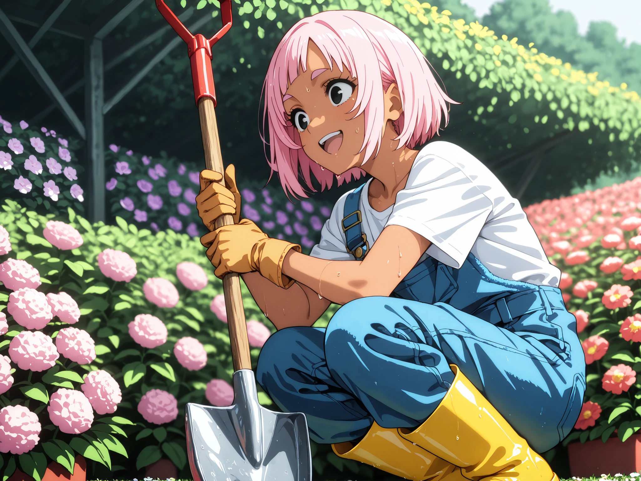 1 girl,solo,beautiful japanese,girl,black eyes,tanned skin,pink hair,short hair,masterpiece,general,highres, ultra-detailed,very aesthetic,best quality ,best hands,best eyes,perfect anatomy,anime coloring,newest,easynegative,BREAK,overalls, white T-shirt, field,rubber boots,gloves, shoulder towel,smile,open mouth,flower garden,holding, shovel, sweat, shade,crouching, from below,side view,