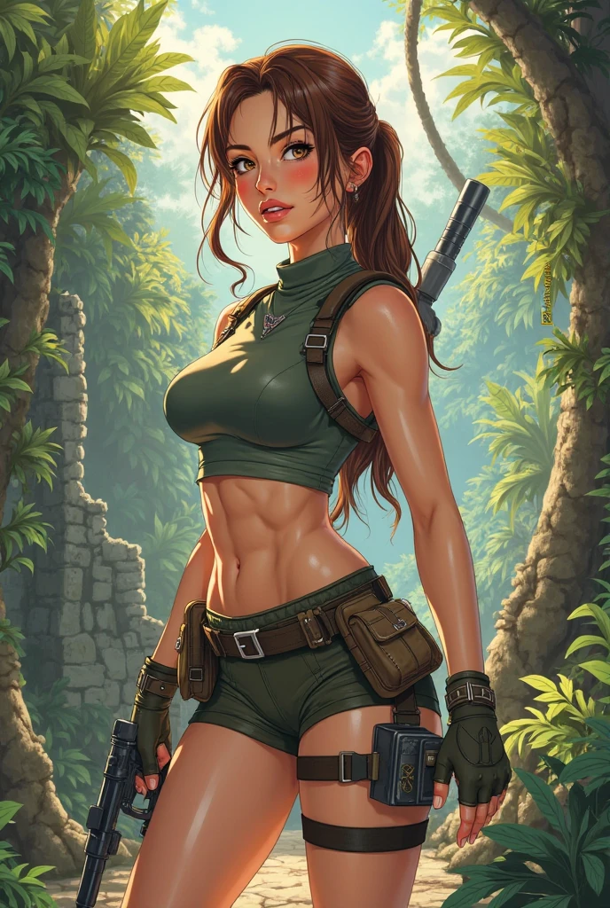 Lara Croft Tomb Raider, blue tank top, torn, sexy, Deusa da sensualidade, Corpo perfeito, Seios empinados e perfeitos, Beleza angelical, Corpo com curvas, pose , Corpo inteiro, Scenery and an Enchanted Forest, Hiper realista, Cores Fortes e vibrantes, 1girl, solo, one girl