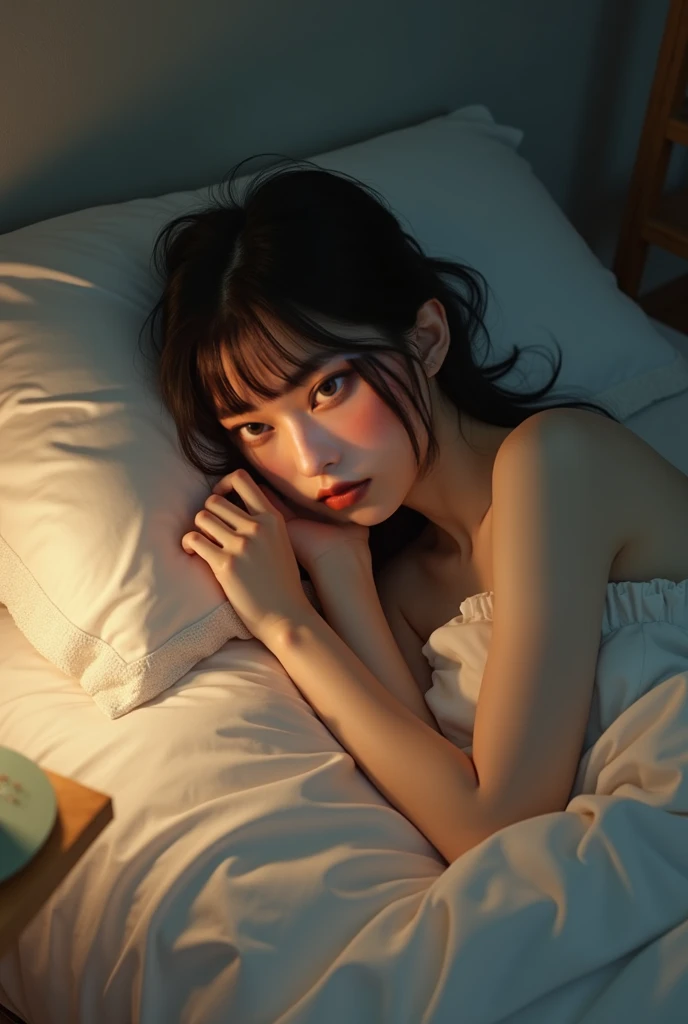 ((best quality)), ((masterpiece)), (detailed), perfect face, Beautiful tall Japanese Woman sleeping, asleep, long flowing hair, red lipstick, nude, Large Breasts, perky nipples, , long thin legs, thin waist, legs spread, small pubic hair King size bed, four post bed, fetal position, candle, dim candle light, dim lit room, dark red sheets, satin sheets,