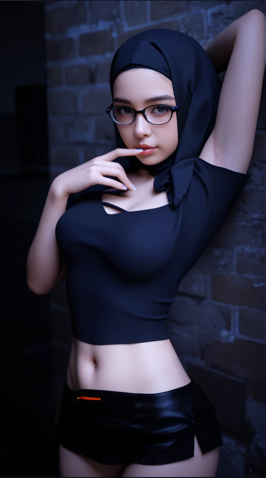 masterpiece, best quality, 1girl, short hair, black hair, brown eyes, glasses, hairpin, blue hoodie, sleeveless hoodie, expressionless, arm up, armpits, spread legs, pussy, spread pussy, pussy juice, fingering by her self, uncensored