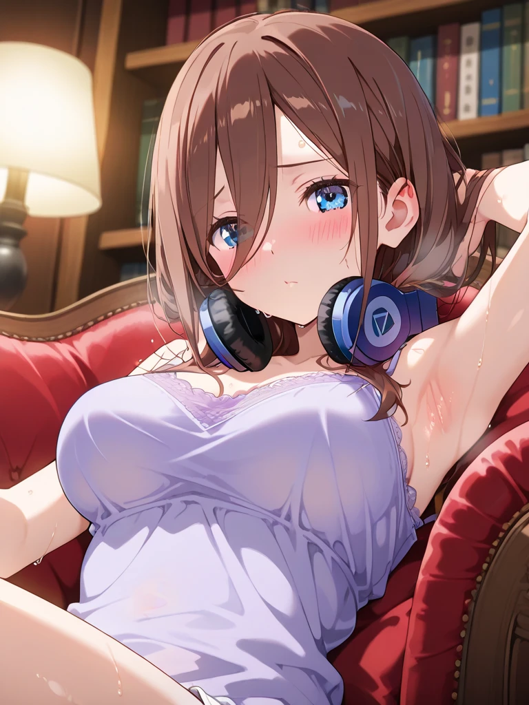 masterpiece:1.2, best quality), (finely detailed beautiful eyes: 1.2), (extremely detailed CG unity 8k wallpaper, masterpiece, best quality, ultra-detailed), (masterpiece, best quality:1.2), 1girl, female solo, medium breasts, rounded breasts, shining breasts, perfect eyes, perfect face, perfect body, seductive, looking at viewer, cleavage, miku nakano, long hair, bangs, blue eyes, brown hair, shirt, hair between eyes, headphones, cardigan, headphones around neck, light purple lace bra, light purple lace panties, light purple lace lingerie, sexy, sitting, spread legs, spreading legs