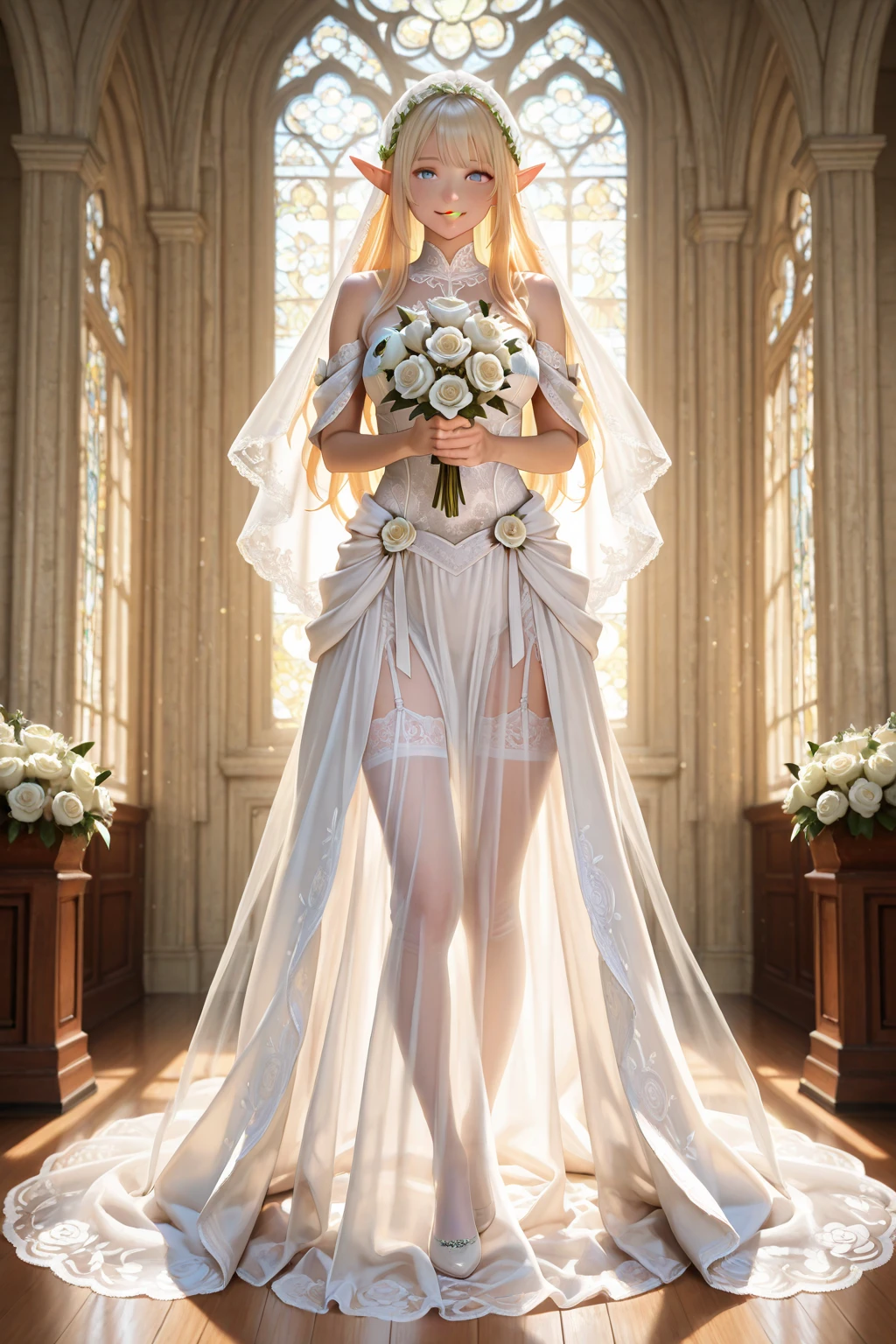 masterpiece, best quality, official art, (extremely detailed CG unity 8k wallpaper), detailed background, (hand by Guido Daniele:1.1),feet out of frame, first-person view, 1 mature girl,(curvy),(standing),(holding white bridal bouquet:1.14),(outstretched hand,Palm facing upward:1.14),(bride, bridal veil, bridal gauntlets, wedding dress, bridal garter, bridal legwear, white thighhighs:1.12),(blonde long hair:1.12), (ahoge:1.13), (high ponytail:1.12), (green eyes:1.13), looking at viewer, huge breasts,(cleavage),beautiful face,(blush:1.11),(smile:1.11), indoor, (Wedding ceremony), church, (Sunlight streaming in through stained glass), (crowd),