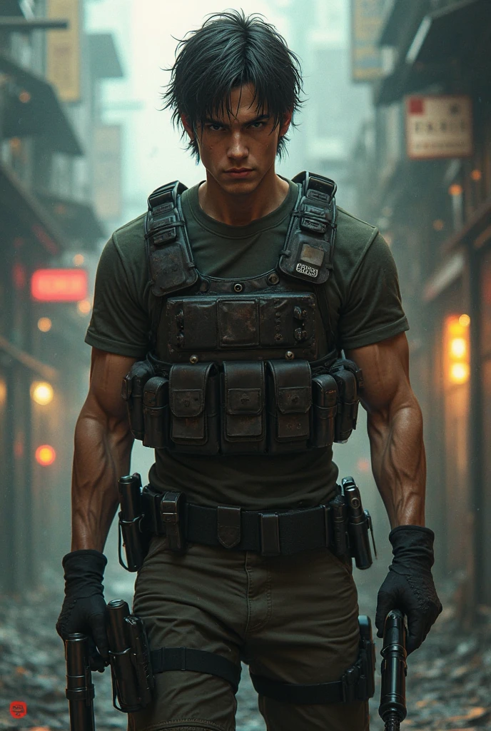 "Create a photorealistic illustration of a dark-skinned man in a dangerous situation in an underground location.
The man has strong, angular features, with tanned skin and short dark hair. His blue eyes convey an expression of alert and concern. His body is muscular and athletic, and he firmly holds a firearm with firm, ready hands. In addition to wearing dark clothes.
He is in a dark, underground environment, possibly a tunnel. Stone or concrete walls create a feeling of confinement and isolation. The lighting is dim and shadowy, casting unsettling shadows across the character's tense face.
The composition of the scene should create a feeling of imminent danger, with the character in an alert position, ready to react to an unknown threat. The lighting and color palette should convey an oppressive and threatening atmosphere, accentuating the tension of the situation.
Through facial expression, body posture and hostile environment, the illustration must convey a sense of vulnerability, adrenaline and the urgent need for survival. Realistic details, such as the texture of the weapons and the determined expression of the character, should reinforce the authenticity of the scene."