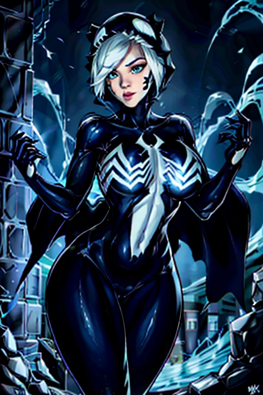 ((best quality)), (highly detailed:1.2), masterpiece, ela está dela para o espectador, de lado para a câmera, ((official art)),1girl, solo,beautiful face,
symbiote,spider gwen,SVGM,hood, completely black clothing, looking to the side, body to the side, the body is to the side, she's standing, pernas abertas, bernas grossas, bunda grande, peitos grandes