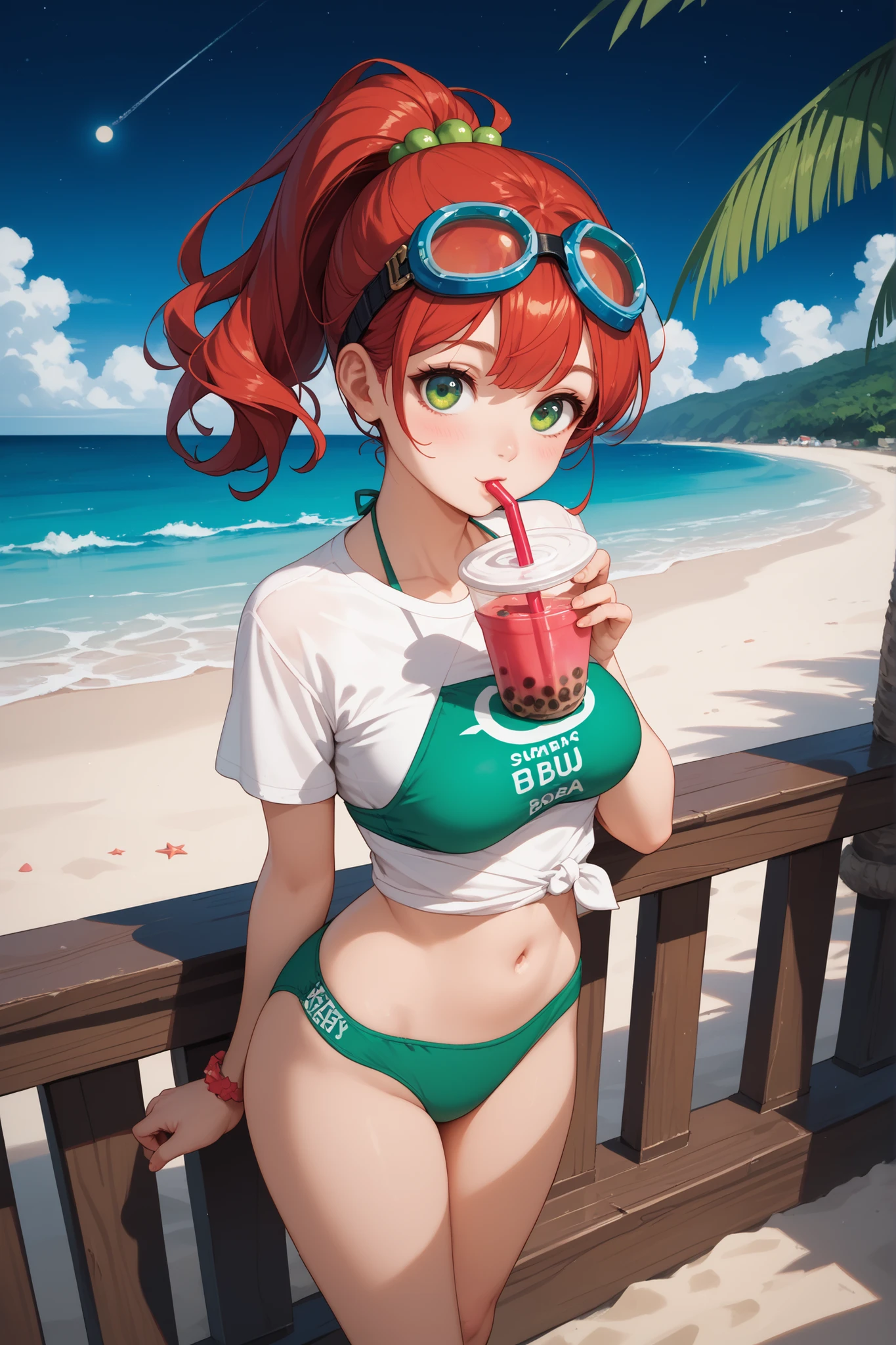 Frauen, (medium breasts), ((gerader Bob-Schnitt)), ((Rote Haare)), (Allein), sexy orangefarbenes Haar, McDonald's, Bikini