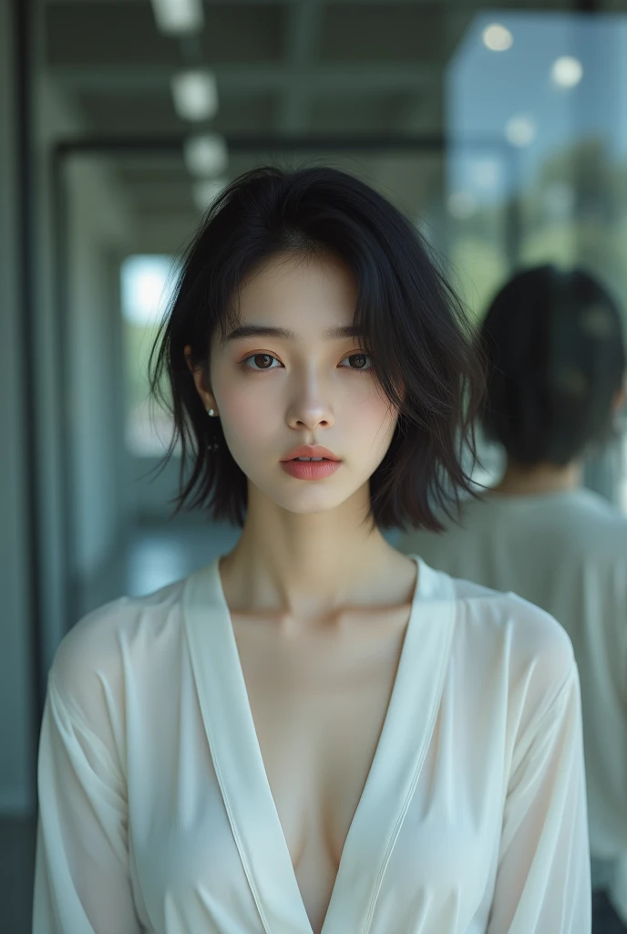 Highest quality、masterpiece、Ultra-high resolution、(Realism:1.4)、 1 person、In a pale background、Deep Shadow、Low Key、Shortcuts、Upper Body、sex appeal、Wearing a thick T-shirt、Cosmetic CM