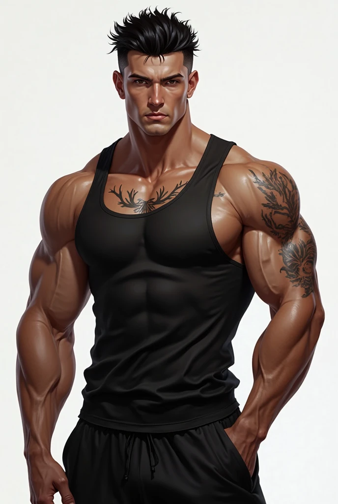 Handsome, mohawk hair, clear face, clear eyes, muscular body, muscular arms, huge pectorals, abs, huge arms and hands, wearing white jeans, tattooed neck and body, Cropped feet,white background