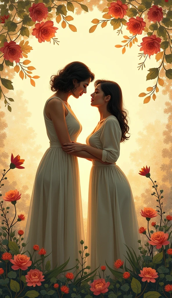 The Lovers tarot card, traditionally the sixth card of the Major Arcana, elegantly reinterpreted to feature a tender lesbian couple. In the foreground, a beautifully rendered card with a border of intricate gold and red roses is revealed. At the center, two women gaze deeply into each other's eyes, symbolizing love, harmony, and commitment. Their ethereal figures are intertwined, one with short, curly hair and the other with long, flowing locks, as they stand in a serene garden setting. The background is a tapestry of soft pastel colors that blend into the sky, creating a sense of peace and openness. Above them, Cupid flutters by, playfully aiming his bow and arrow, a nod to the classical symbolism of love. The couple's expressions are filled with affection and vulnerability, as they stand on a lush green carpet of grass with their bare feet touching. The woman on the left reaches out to touch the woman on the right's cheek, while the latter holds a bouquet of roses, a traditional emblem of passionate love. The composition is balanced and harmonious, with the couple framed by an archway of entwined branches that mirrors their connection. The overall atmosphere of the image is one of pure, unbridled love and emotional intimacy, offering a modern and inclusive twist to the timeless tarot narrative.