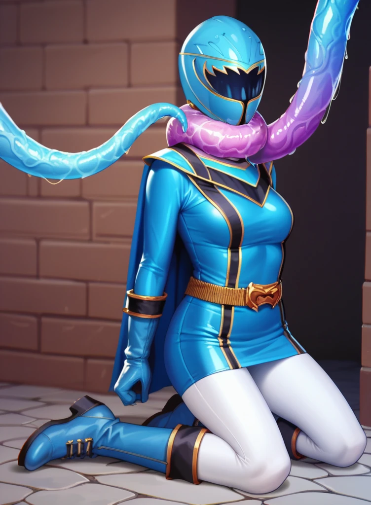 (best quality, masterpiece, RAW photo,ultra-detailed:1.2), 1girl, solo, looking at viewer, ((Hurricane Blue outfit, belt, gloves, helmet, blue spandex vest, blue boots, blue skirt, gray leggings, white gloves)), very large melon sized breasts, (((spread legs:1.1))),  ((tentacles:1)), nsfw, raised arms, tentacles wrap around arms and legs, tentacles pressing on her crotch, tentacles squeezing her massive melon size breasts, dark room, eerie light, close up, industrial background, upper half body, creampie, wet