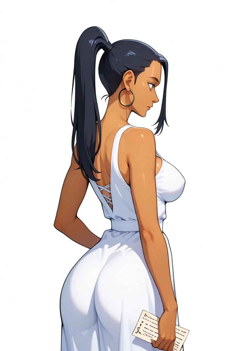 chel_eldorado ((long hair, black hair, bangs, glowing brown eyes, wide eyes, lipstick, makeup, narrow waist, skinny, medium breasts, earrings, alone, gloves, dark skin, black skin)), pelvic curtain, ((white dress, pink details in dress, wedding dress, Scooped up the ass, gloves)), full body, perfect body, (insanely detailed, beautiful detailed face, masterpiece, best quality) , (((solo))), (((1girl))), (((mature))), (extremely detailed 8k paper CG wall unit: 1.1), (wedding, temple, Inca Temple, dusk), (smile face for the viewer), big ass, from back, behind