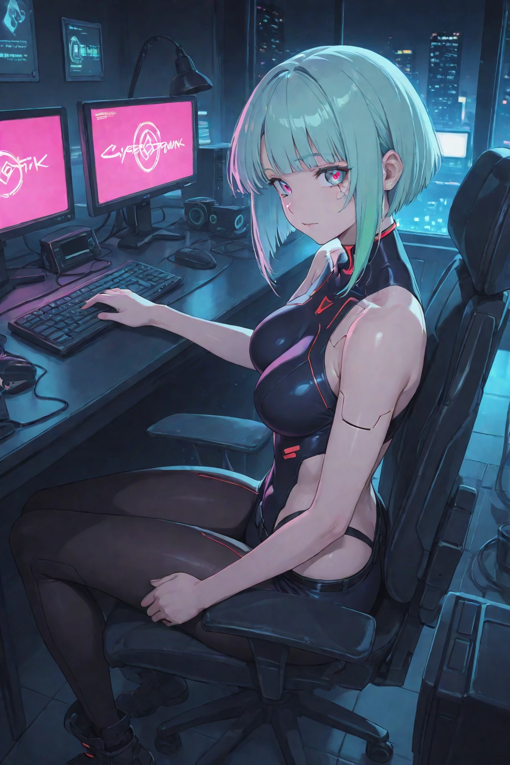 (perfect composition), (high resolution, masterpiece, ultra best quality, insanely amazing hyper fine extremely detailed, official:1.4)( full body, 80's horny milf hacker anime girl in lingerie sitting at a desk with a vintage computer, seductive hacker anime girl in lingerie, retro cyberpunk anime, 80's cyberpunk anime girl in lingerie, digital cyberpunk anime!!, best anime 4k konachan wallpaper, (anime girl with green teal short hair), 90's anime style in 4 k, mega man legend art ,black latex lingerie, black lace lingerie, 80's, multiple old computer , inspired by serial experiments lain room, high degree electronic laboratory, lots of old computer hardware, surrounded by old computer screen, a lots of cable wires, octane rendering, colorful contrast, unadorned, dark computer room, night, betterHands