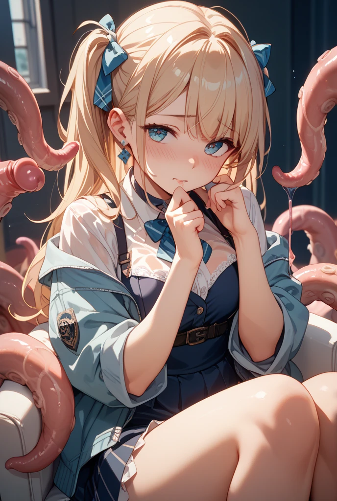 NSFW, Tentacles inserted vaginal sex, In the body of the creature Tentacles crawling to lick all over the girl's body, Tentacles like penises jostle and restrain the girl from behind, making her peel off her shirt and squeeze her breasts, (The tentacles wrap around the girl's arms and thighs:1.3), The penis-like tentacles monster viewer involuntarily inserts his penis into the girl's vagina, Legs suspended by a large number of tentacles wrapped around the girl's thighs, Background as if squirming inside a tentacle body, Tentacles like penises during ,Tentacles inserted from the girl's mouth to the back of her throat, The girl's whole body is covered in the mucus of the tentacles crawling all over her, (Masterpiece, Super realistic, Super details, Super Highest Quality, Super Highest Quality), super cute and beautiful girl, You are male professional photographer, Japanese gal, For dark brown eyes, Blonde yellow hair, Pink ribbon, gal make-up, False eyelashes, Pearl pink lips, Unbuttoned out Hemmed sailor red open collared open front white shirt, (Very thin shirt:1.3), beautiful side face focus, big open mouth, (brown eyes:1.4), big round chest, BREAK, (Half down two side up blonde very long hair style:1.4), (Wider at the hem flabby large in size Super Loose Socks:1.4), An innocent 16-year-old girl, evil smile, (skin fang:1.2), realistic cute Japanese girl, standing pose, wear white unbuttoned shirt, low-rise pleated plaid micro mini skirt, Japanese cute girls, long hair, blonde hair, two side up, hair ribbon, pink ribbon, frills, opened sailor collar, necktie, white shirt, long sleeves, red skirt, loafer, (frilled hemmed outfit:1.3), cleavage, half closed eyes, very wet Tentacles that wrap around legs up and arms and stomach, Whole body covered with mucus, Mucus dripping from tentacles, very big open mouth tongue out, (tearful expression:1.4), orgasming, Display the effect of a body jolting and shaking,