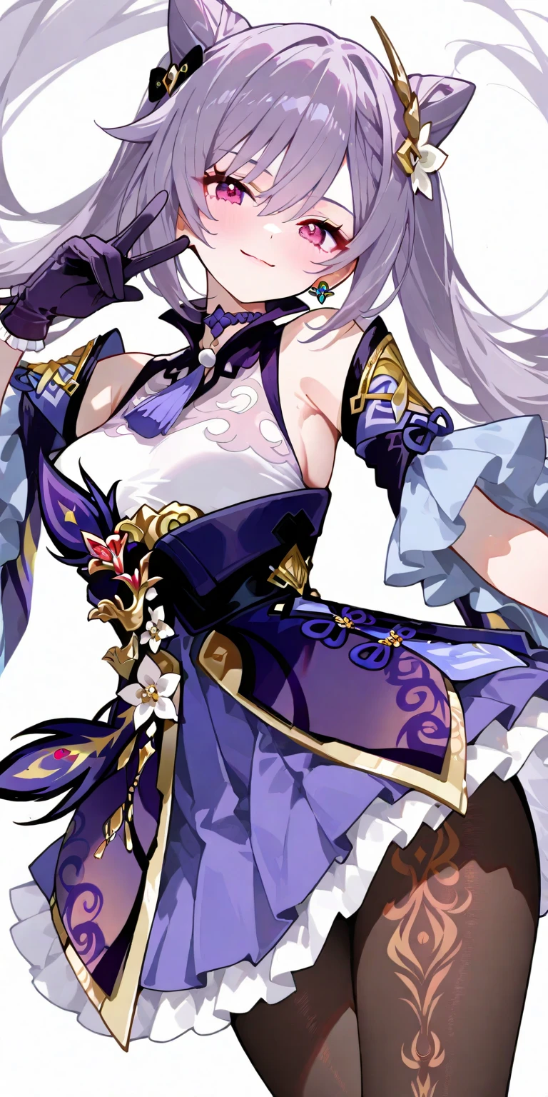 (top quality, masterpiece, white background, Arabian costume, Genshin, mysterious, dancer) gray hair, braided, genshin, odd-eye, blue-green eyes, purple eyes, white deer antlers, sister, M-shaped bang, big, cleavage, tights, long bangs, shoulder out, thunder, purple jewels, spear, black clothes