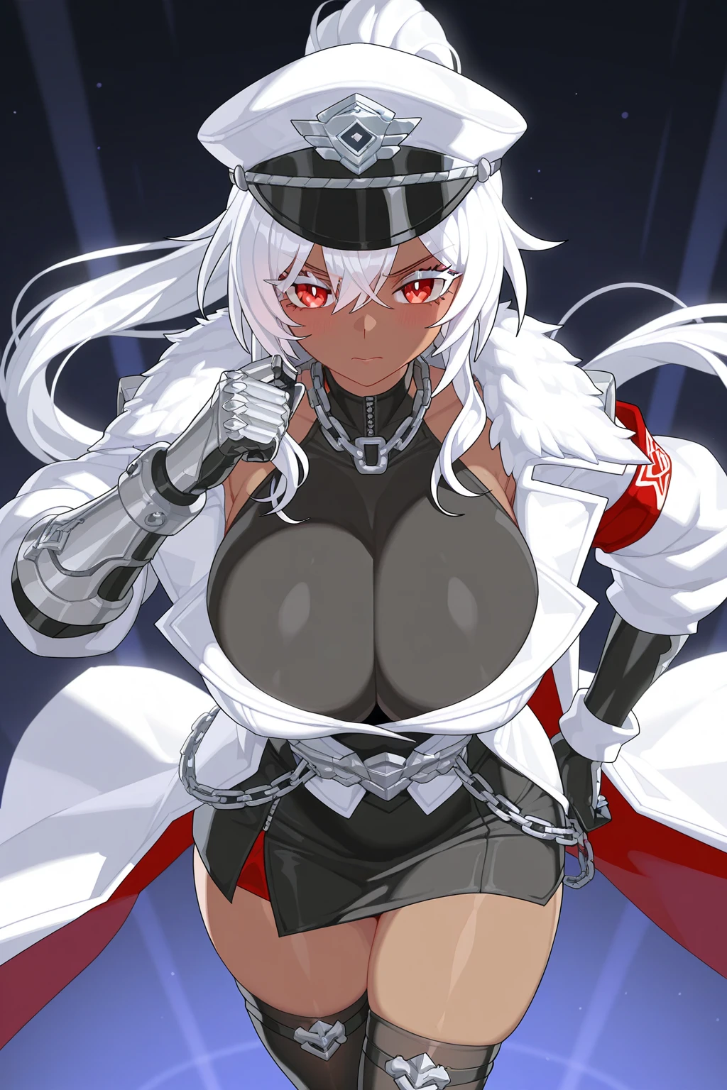 1girl, white hair, long hair, red eyes, serious, glowing eyes, large breasts, thick thighs, toned, leotard, black leotard, thighhighs, belt, knife, fur trim, fur