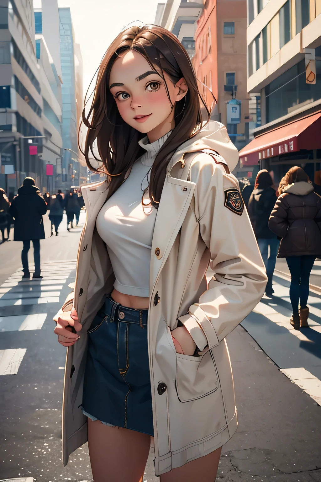 Photo . Beautiful girl with brown eyes . brunette . 18 years old . She's standing on a busy street smiling . She opens her jacket and shows off her naked body . open clothes, exhibitionism, public indecency, naked coat,outdoors