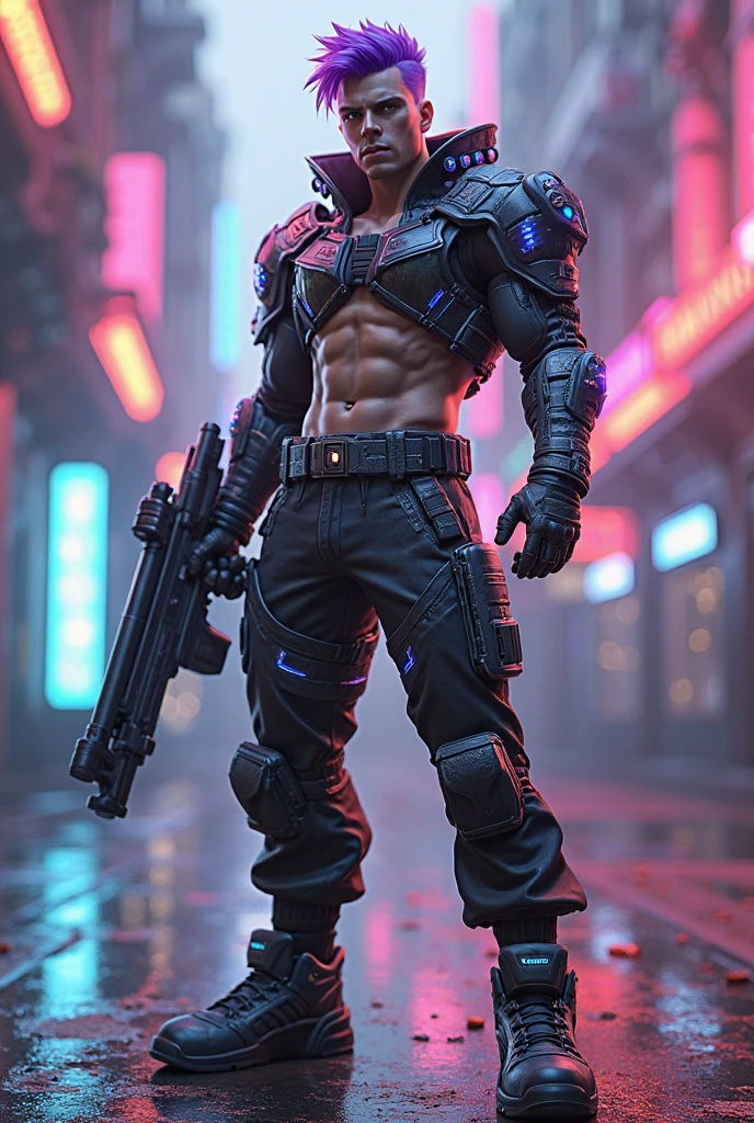 male character with cyborg implant from cyberpunk, Who have one gun and a sword on his both hand. who is posing for photoshoot, and a close up shot