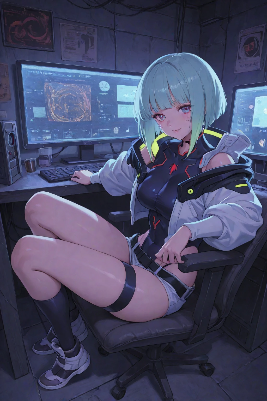 ((1 cyborg woman)),((big breasts, ????? breasts, ????? pussy, completely ?????, blue clitoral piercing)),((standing, futuristic room)),((serious face)),((bare breasts , with lots of bubian hair, with a scientist's coat)),((short gray hair with Elastic, bright yellow eyes)),((facing the viewer)),((performing surgery on a cyborg loli child, breasts absent who is lying on a table with her legs open, placing a needle with a yellow liquid in the child's pussy)), two different characters,